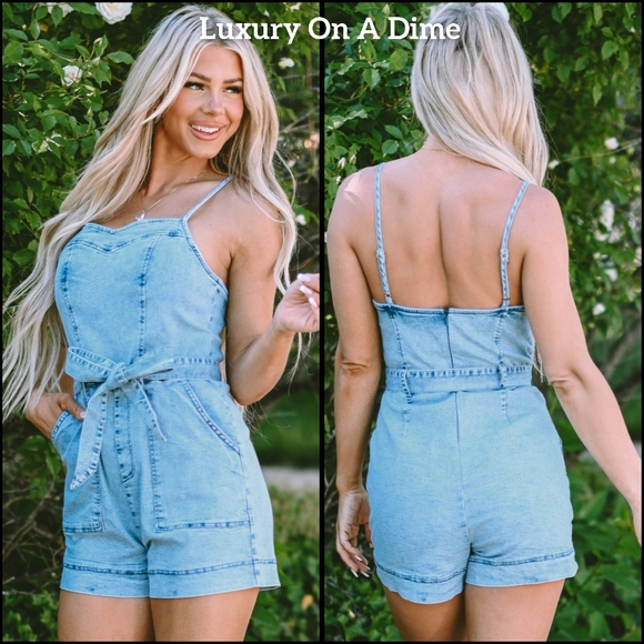Denim Romper Shorts Sweetheart Sleeveless Belt Pocket Jean One-piece Jumpsuit - Picture 3 of 16